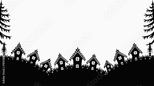 Charming village silhouette with whimsical houses and trees, perfect for holiday crafting, spooky season designs, and fairytale themed projects