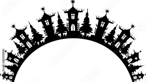 Whimsical winter village silhouette with gothic houses and pine trees, perfect for holiday cards and creative designs, festive and magical