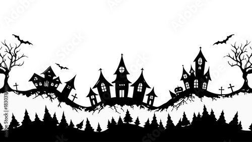Spooky Halloween silhouette landscape with haunted houses, bats, tombstones, and trees, ready for holiday decorations, invitations, or eerie designs