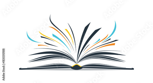 An open book with colorful abstract lines and shapes flowing out, symbolizing creativity, knowledge, and new ideas emanating from reading.