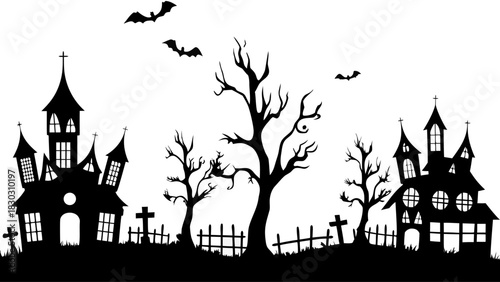 Spooky Halloween Night Scene with Haunted Houses, Bats, and Graveyard, Perfect for Invitations, Decorations, and Themed Designs, a Vector-Based Creepy Scene