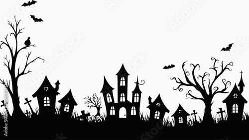 Eerie Halloween night scene with spooky haunted houses, bats, and dead trees creates a chilling, festive mood for seasonal decorations and spooky designs
