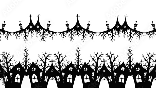 Spooky Halloween Village Silhouette Repeating Border Design for Festive Celebrations and Holiday Decor, Black and White Gothic Charm, Originally Vector Graphics