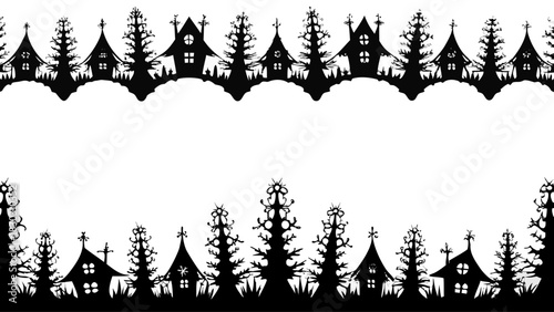 Spooky houses and trees create a Halloween night scene, perfect for seasonal cards, invitations, and social media posts to capture the eerie spirit