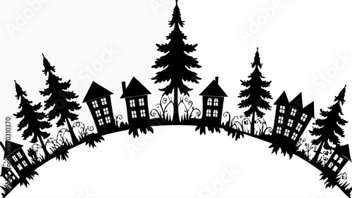 Whimsical silhouette landscape with charming houses and towering trees, perfect for fairytale designs and magical holiday themes from its vector origin