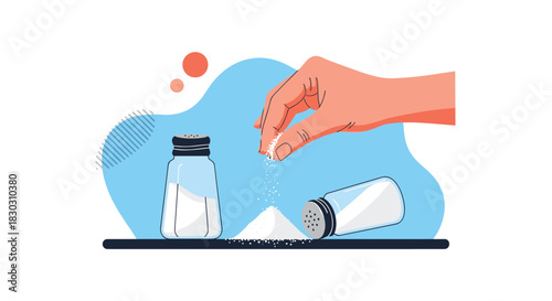 A hand sprinkles white salt onto a small pile next to a full and an empty salt shaker, against a light blue background.