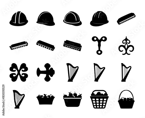 Abstract black silhouette icons: hard hats, harmonicas, harps, and baskets. Vector