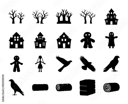Spooky halloween silhouette collection: haunted houses, bare trees, birds, figures vector Vector