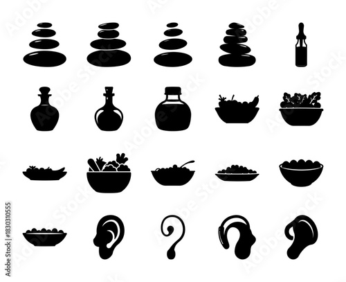 Wellness and spa icons set with stacked stones, oils, and ear symbols concept. Vector