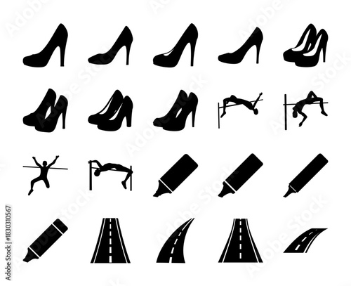 Collection of diverse silhouette icons: high heels, sports, markers, and roads. Vector