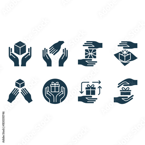 Set of hand icons representing gift handling and packaging