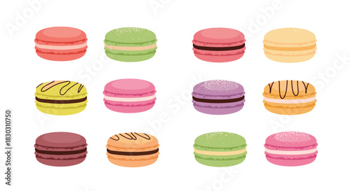 A delightful selection of vibrant and delicious French macarons in various colors and designs, perfect for sweet dessert concepts.