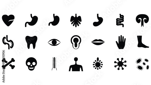 Collection of black human anatomy and medical icons on white background heart stomach