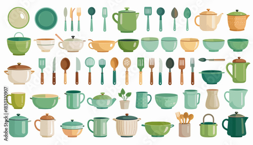 A comprehensive collection of various kitchen and dining utensils, cookware, and tableware items.