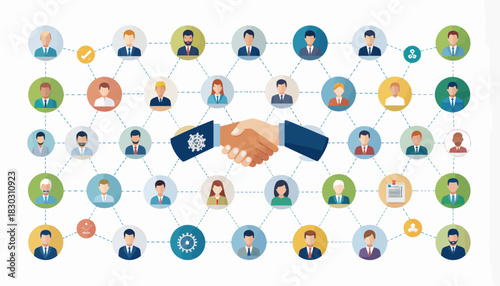 A diverse network of people connected by lines, with a handshake at the center, symbolizing business partnership, collaboration, and social networking.