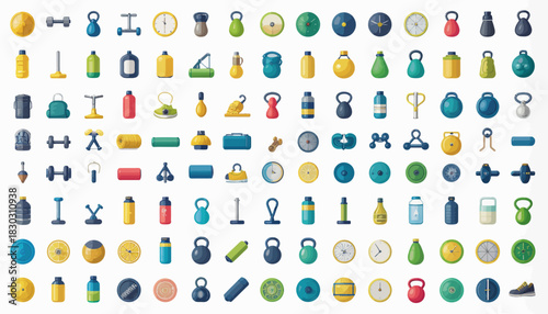 A comprehensive collection of flat design icons representing various fitness and gym equipment, including weights, bottles, mats, and other workout accessories.