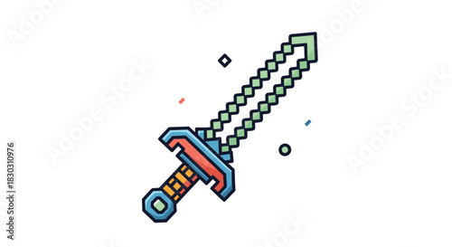 A playful pixel-art sword in bright colors, with a distinctive blocky design, floating on a minimalist white background.