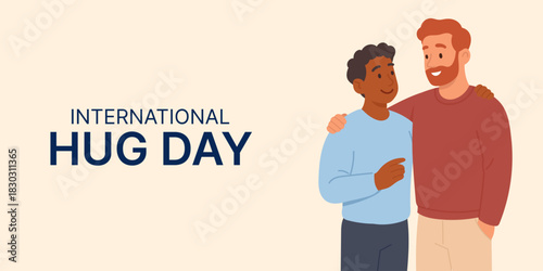 International Hug Day banner. Two men sharing friendly hug showing warmth and emotional support, illustration celebrating International Hug Day with positive message of care