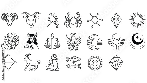 Collection of black line art zodiac symbols and celestial icons astrology horoscope
