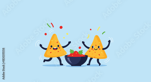 Two cheerful cartoon nacho chips with happy faces dance around a bowl of vibrant salsa, celebrating with colorful confetti on a light blue background.