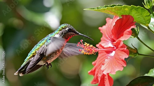 Hummingbird Feeds on Hibiscus Nectar - A Vibrant Display of Nature.