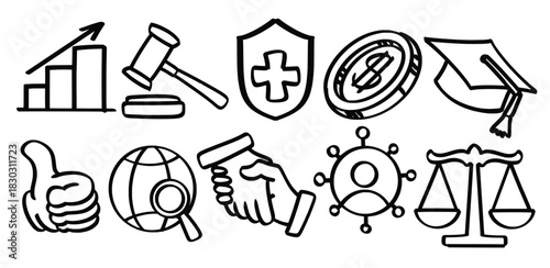 Set of hand drawn social policy theme. Collection of Bar Chart, Gavel, Medical Shield, Coin, Graduation Cap, Thumbs Up, Globe and Magnifying Glass, Handshake, Network, Balance Scale Isolated Vector