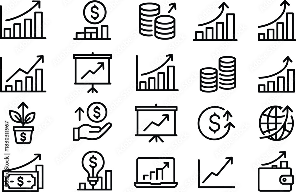 Naklejka premium Collection of financial growth and investment icons with upward trending graphs and dollar signs finance