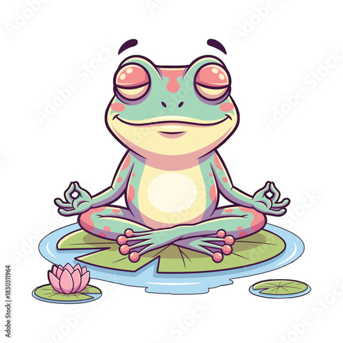 Cute Meditating Frog Cartoon Sitting on Lotus Leaf in Yoga Pose  Zen Mindfulness Vector