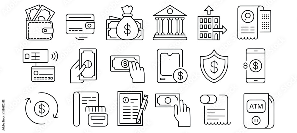Fototapeta premium Collection of financial icons including wallets money bags bank building and A T M finance cash