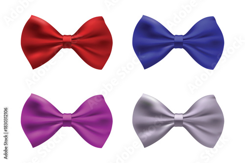 Four satin bow ties in red, blue, purple, and silver colors vector illustration
