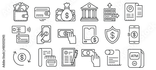 Collection of financial icons including wallets money bags bank building and A T M finance cash