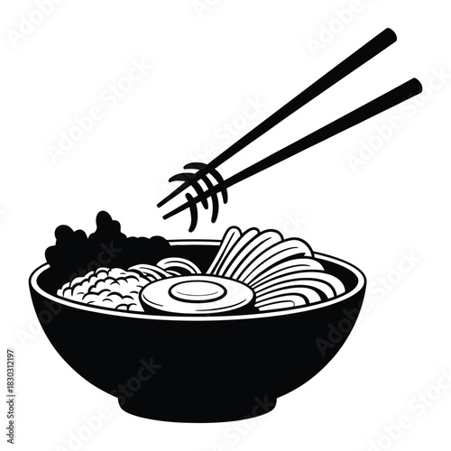 Chopsticks picking from bibimbap bowl Vector, Silhouette, Illustration