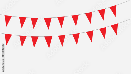 Red Pennant Flag Garland – Festive Triangular Bunting Decoration Hanging in Curved Arrangement on White Background