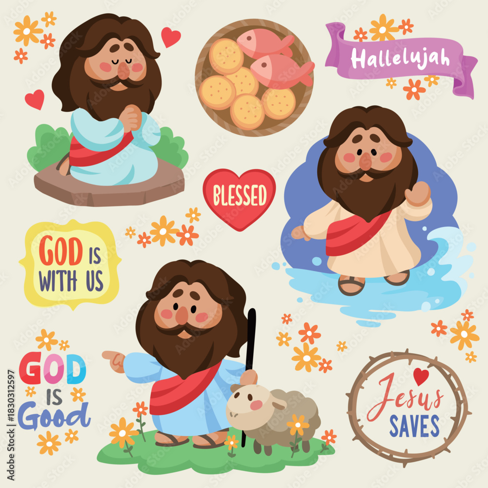 Fototapeta premium Cute Cartoon Jesus Clipart Set Bible Stories & Faith Quotes Middle East Brown Skin Version