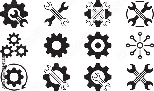 Black gear and wrench icons are arranged as separate elements across the white background