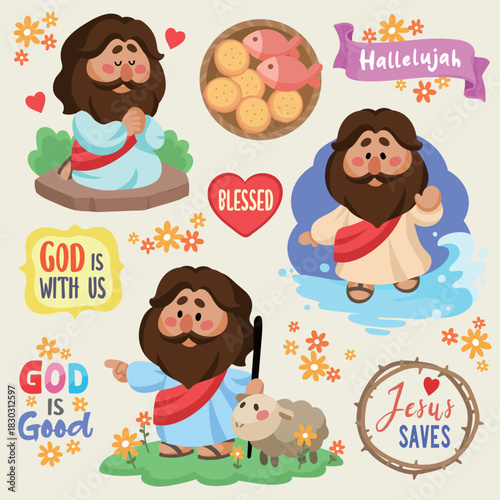 Cute Cartoon Jesus Clipart Set Bible Stories & Faith Quotes Middle East Brown Skin Version