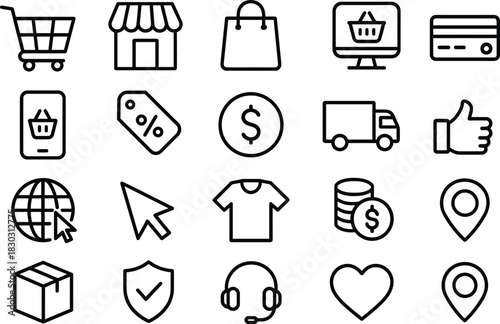 Collection of simple black line icons representing e commerce and shopping elements cart store