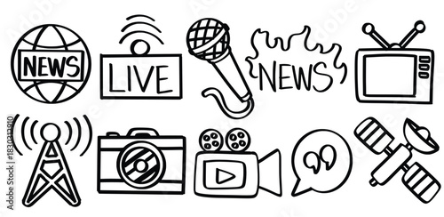 Set of hand drawn Media And News theme. Collection of News Globe, Live Sign, Microphone, News Text, Television, Antenna Tower, Camera, Video Camera, Quote Bubble, Satellite Symbol Isolated Vector