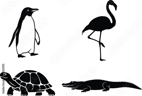 Black and white vector illustration of penguin flamingo turtle and crocodile