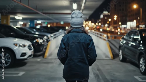 Wallpaper Mural Woman wearing beanie and dark coat walking away in dimly lit underground parking garage toward city night lights Torontodigital.ca