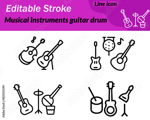 A clean vector icon showing a guitar with a curved body beside a simple drum with two sticks crossing above it. The minimal outlines highlight music rhythm and performance perfect for audio bands.