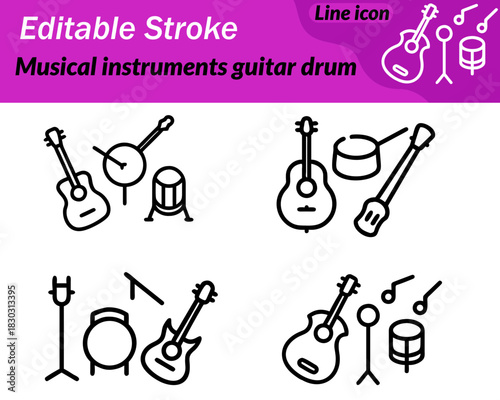 A clean vector icon showing a guitar with a curved body beside a simple drum with two sticks crossing above it. The minimal outlines highlight music rhythm and performance perfect for audio bands.