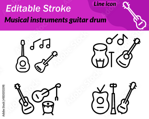 A simple vector icon featuring a guitar with a smooth body outline placed beside a drum with crossed drumsticks.Clean minimal lines highlight musical performance rhythm bands and entertainment themes.