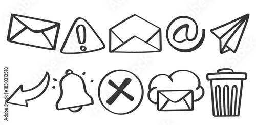 Set of hand drawn Email theme. Collection of Envelope, Warning Sign, Open Envelope, At Symbol, Paper Plane, Curved Arrow, Notification Bell, Close Button, Email Cloud, Trash Can Symbol Isolated Vector