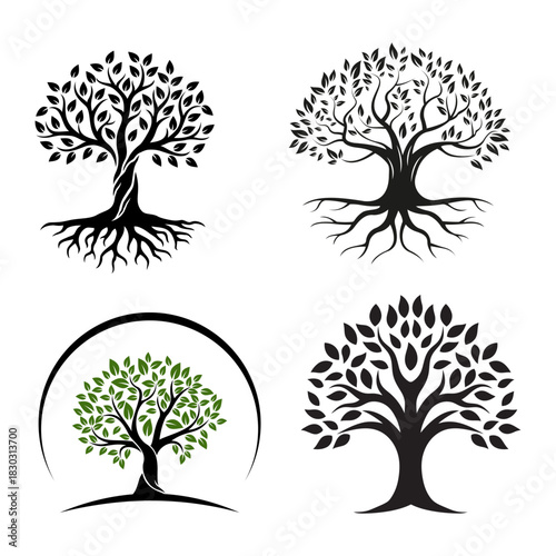 Collection of stylized tree silhouettes with roots and leaves