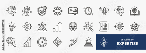 set of A collection of expertise icons suitable for web and mobile application. Set of outline style icons with cognition, innovation, analysis, negotation, and more icons.