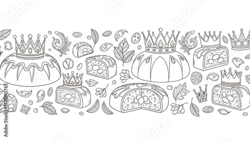 Outline seamless border with king cakes, crowns, leaves, and nuts for epiphany.