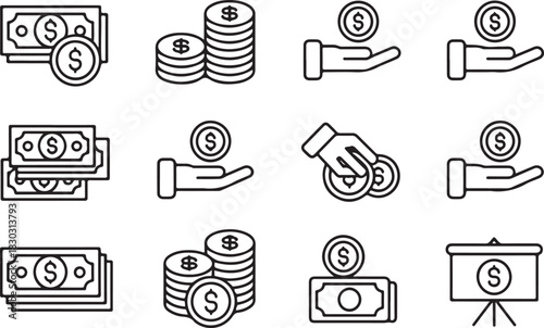 Money Symbol on Paper Currency and Stack of Coins Banking Financial Investment Paying Budget Commerce Payment Isolated Vector Illustration