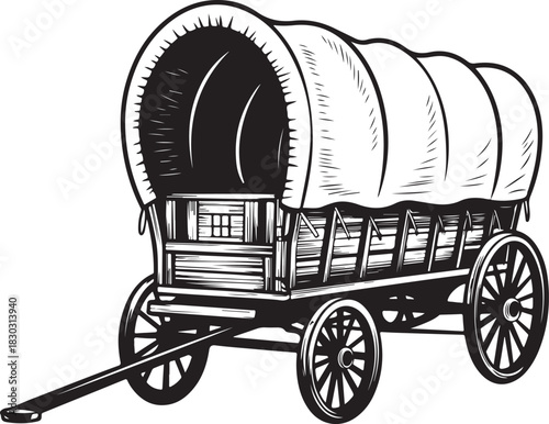 Vintage stagecoach vector illustration with detailed woodwork and canvas covering against transparent backdrop is for western historical scene