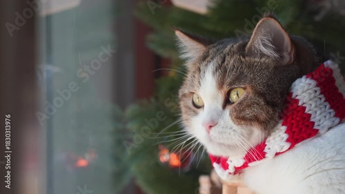 winter holiday and cat concept with scottish cat wear silk scarf and play with pine and christmas tree decorate and gift box background